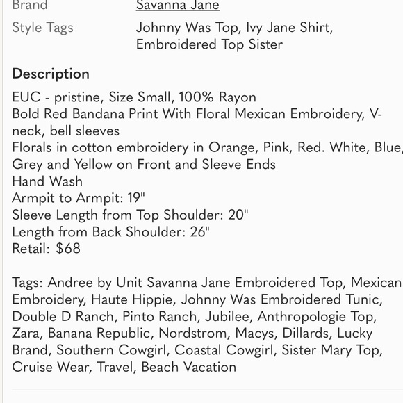 Savanna Jane Pink Bandanna  Print Mexican Embroidered Tunic  Top, Size Small - Picture 13 of 13